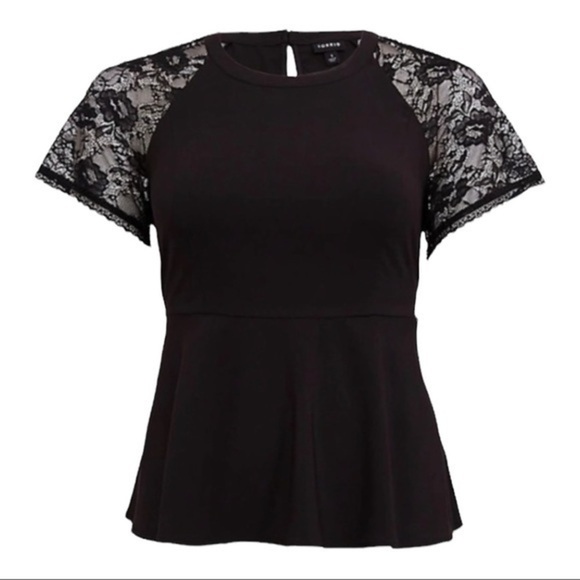 TORRID BLACK CREPE LACE SLEEVE PEPLUM TOP - Picture 1 of 8